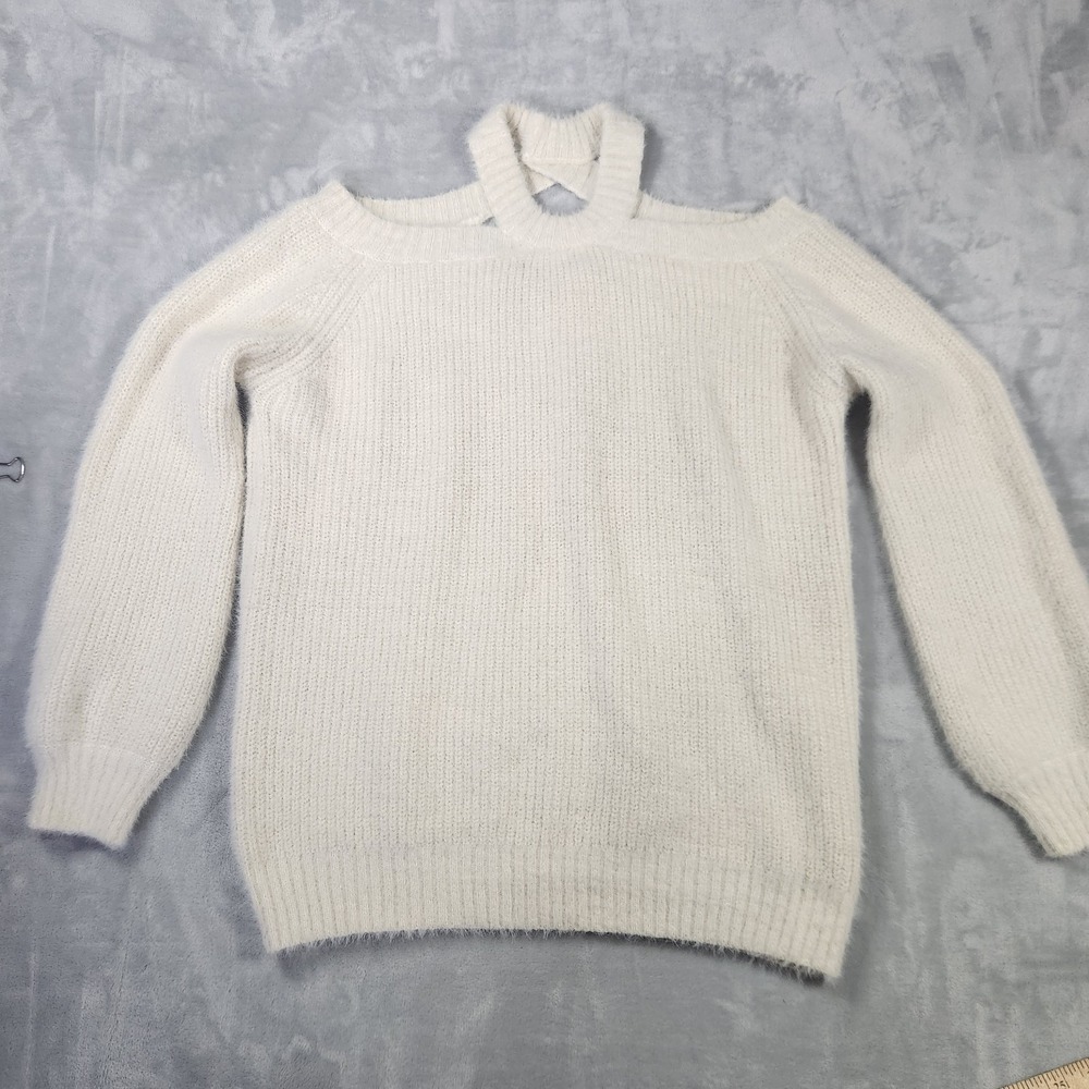 Umgee‎ Cold Shoulder Cable Knit Fuzzy Tunic Sweater Ivory Size S